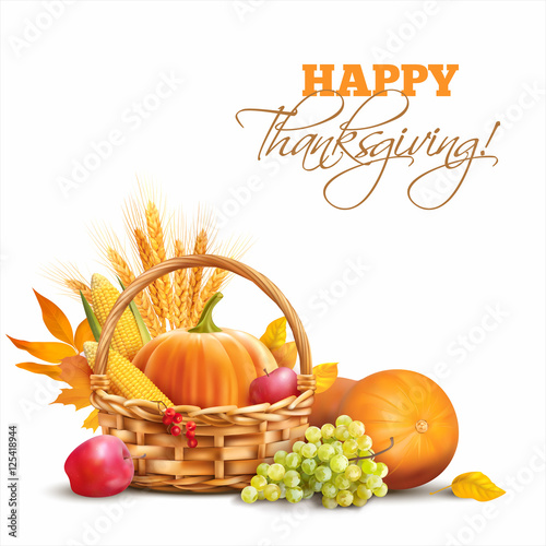 Thanksgiving Day background with pumpkins, fruits and wheat ears. Vector illustration.