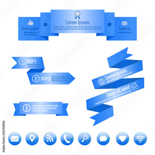 Blue ribbon banners and social media icons. Vector infographic elements.