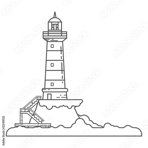 Lighthouse on island coast icon in outline cartoon styles