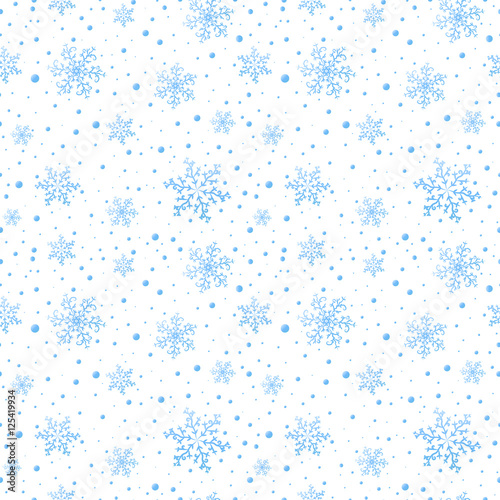 Beautiful seamless winter pattern with light blue  snowflakes on white background. Vector illustration.
