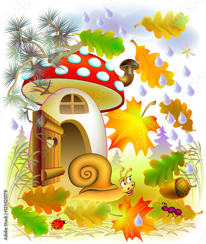 Illustration of autumn in fairyland forest, vector cartoon image.