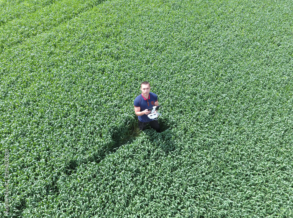Man holding remote control quadrocopters standing in the green grass on the field Man holding remote control quadrocopters standing in the green grass on the field
