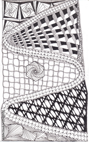 Zentangle hand drawn abstract mountain road with variety of tangles. Zen tangle style art. photo