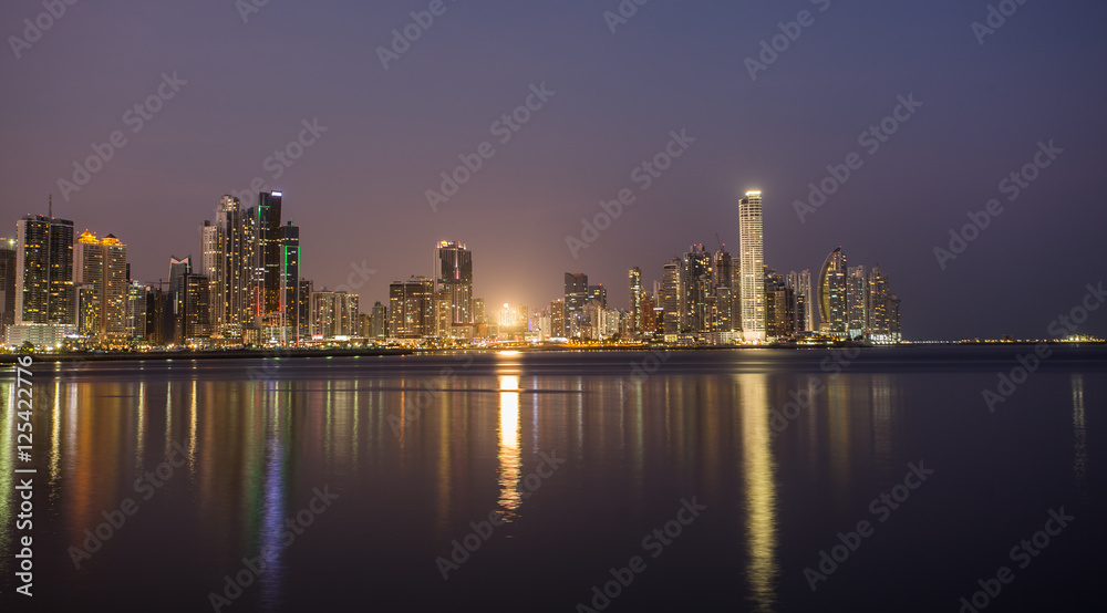 Panama City, city center skyline and Bay of Panama, Panama, Central America.