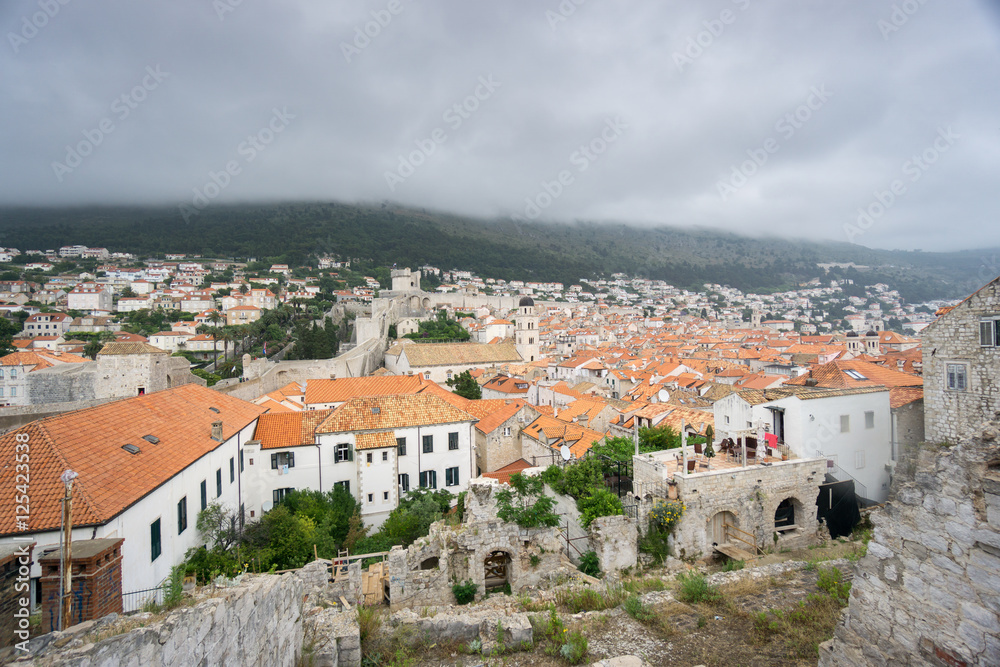 The view of the old town of Dubrovnik from above on the city wall.