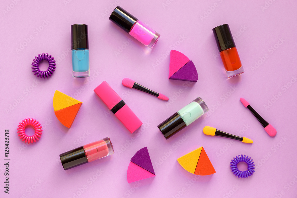 concept cosmetic set on pink background top view concept cosmetic set on pink background top view