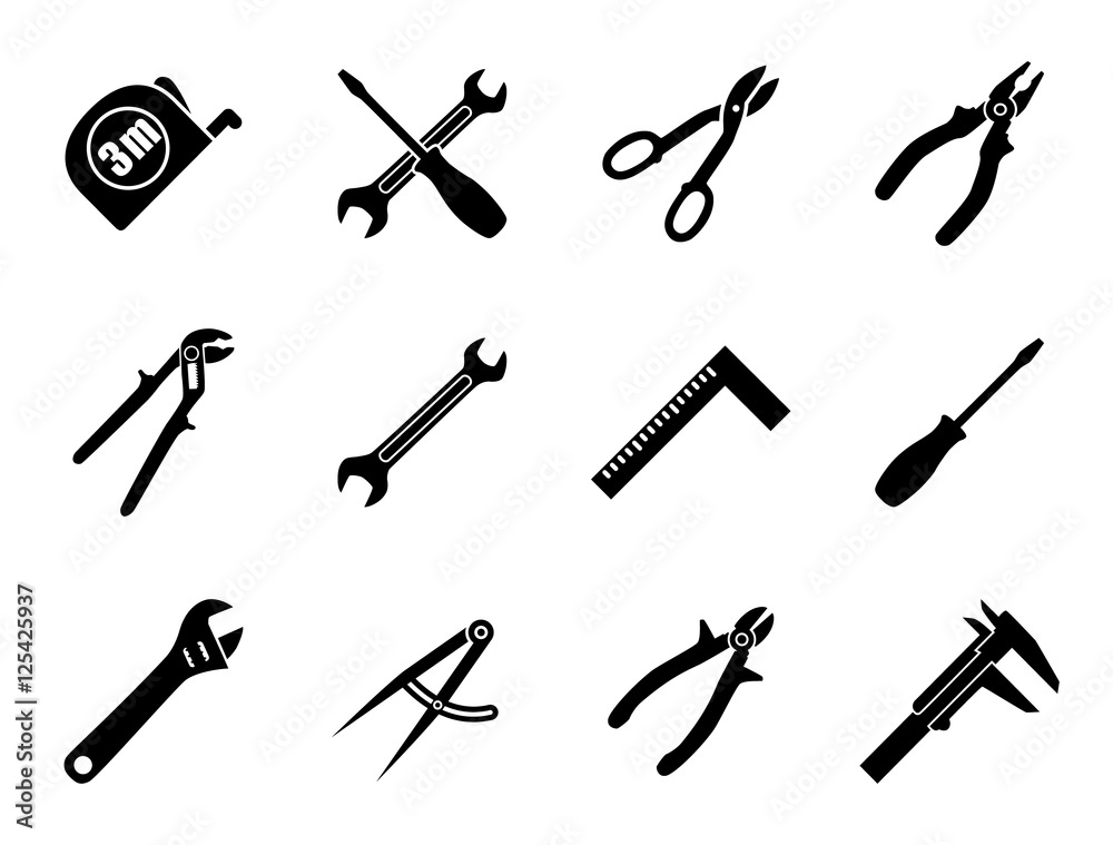 Set of twelve industrial hand tools for construction, engineering, mechanics in black and white colors. Flat style vector illustration Set of twelve industrial hand tools for construction, engineering, mechanics in black and white colors. Flat style vector illustration