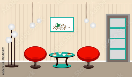Living room interior with breakfast coffe and dessert on the table. Flat style vector illustration