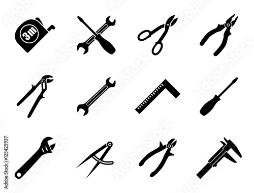 Set of twelve industrial hand tools for construction, engineering, mechanics in black and white colors. Flat style vector illustration