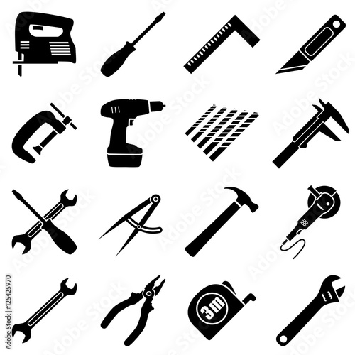 Set of sixteen industrial, building, manufacturing, engineering tools in flat style. Black and white vector illustration photo