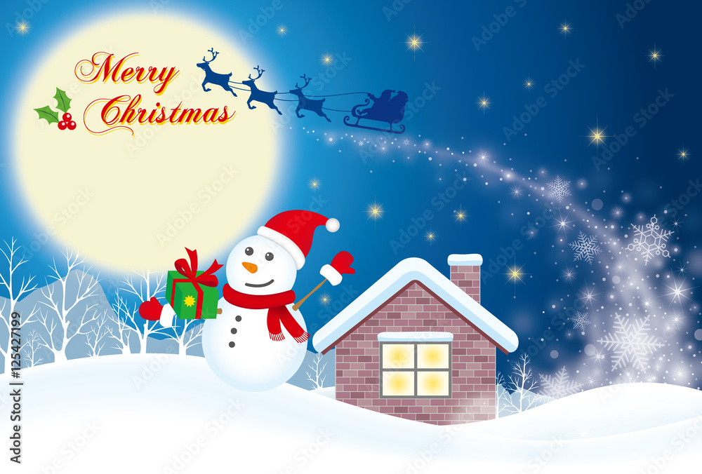 クリスマスの夜にサンタクロースからプレゼントを受け取る雪だるま クリスマスの夜にサンタクロースからプレゼントを受け取る雪だるま