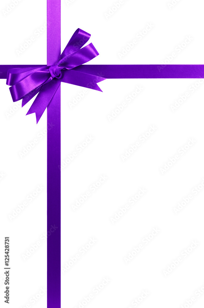 Purple bow gift ribbon cross shape frame border isolated on white background for birthday or christmas present decoration design photo vertical Purple bow gift ribbon cross shape frame border isolated on white background for birthday or christmas present decoration design photo vertical