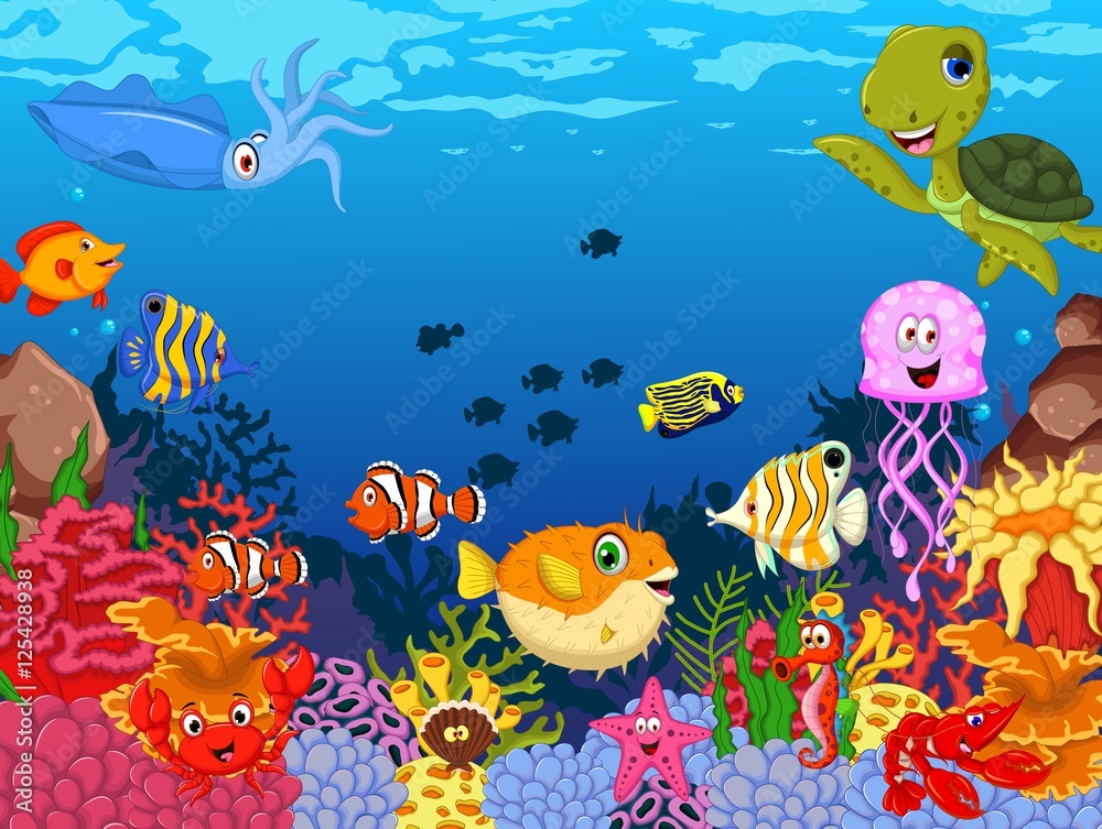 Obraz premium funny sea animals cartoon with sea life background