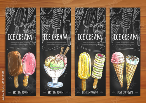 Ice cream menu sketch chalk icons on blackboard