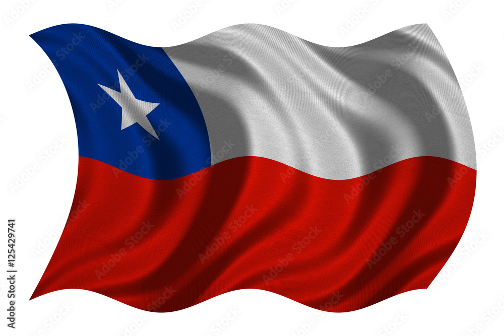 Flag of Chile wavy on white, fabric texture