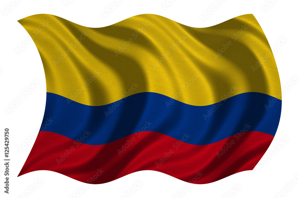 Fototapeta premium Flag of Colombia wavy on white, fabric texture