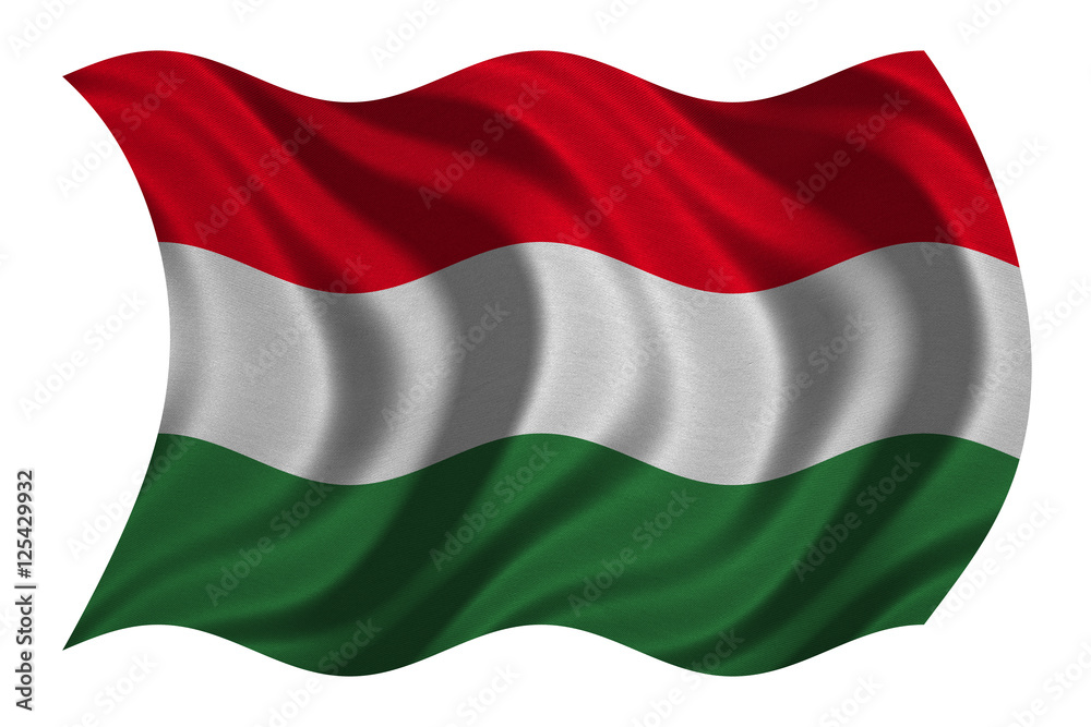 Flag of Hungary wavy on white, fabric texture Flag of Hungary wavy on white, fabric texture