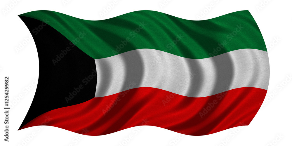 Flag of Kuwait wavy on white, fabric texture