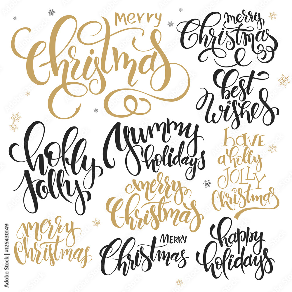 vector set of hand lettering christmas quotes - merry christmas, holly jolly and others, written in various styles