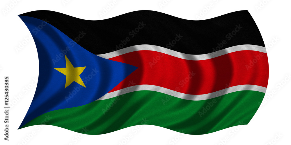 Flag of South Sudan wavy on white, fabric texture Flag of South Sudan wavy on white, fabric texture