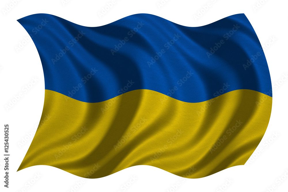 Flag of Ukraine wavy on white, fabric texture Flag of Ukraine wavy on white, fabric texture