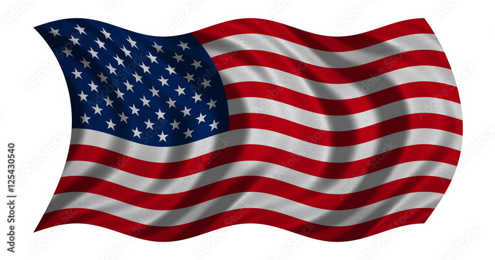 Fototapeta premium Flag of USA waving on white, detail fabric texture