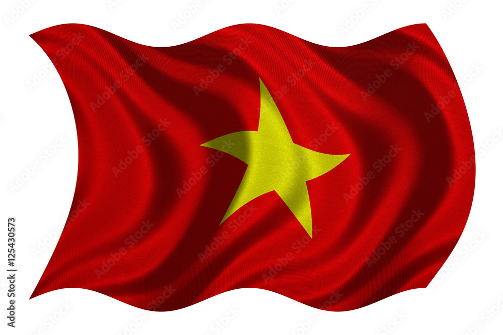 Flag of Vietnam wavy on white, fabric texture