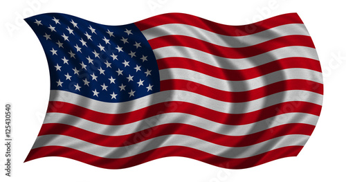 Flag of USA waving on white, detail fabric texture