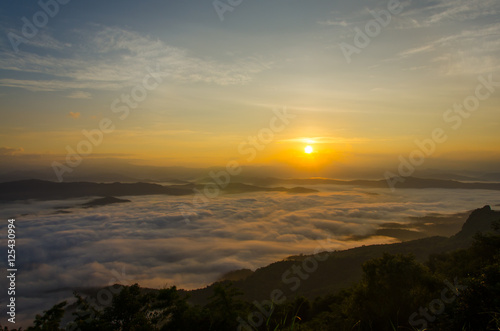 Beautiful Sea Fog or Mist with Sunrise, Forest at Nan Province Thailand