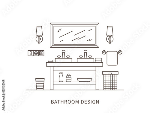 Linear design illustration of modern designer bathroom interior with mirror, shelf, towel, lamps, washbasin. Outline vector graphic concept of bathroom interior design. 