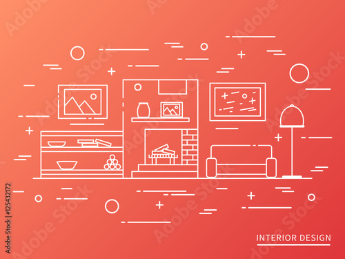 Linear flat interior design illustration of modern designer living apartment space with sofa, lamp, chimney, shelves, pictures on the walls. Outline vector graphic concept of home.
