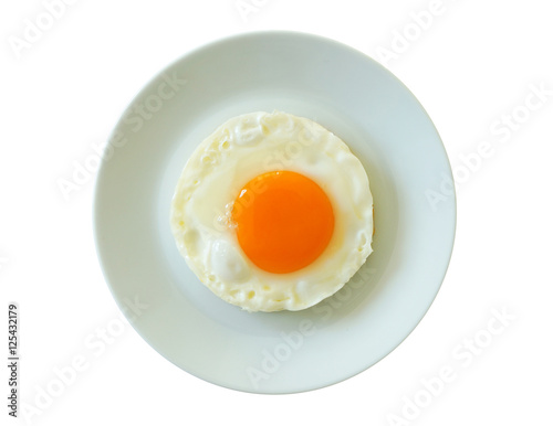Fried egg for breakfast on plate, isolated on white background