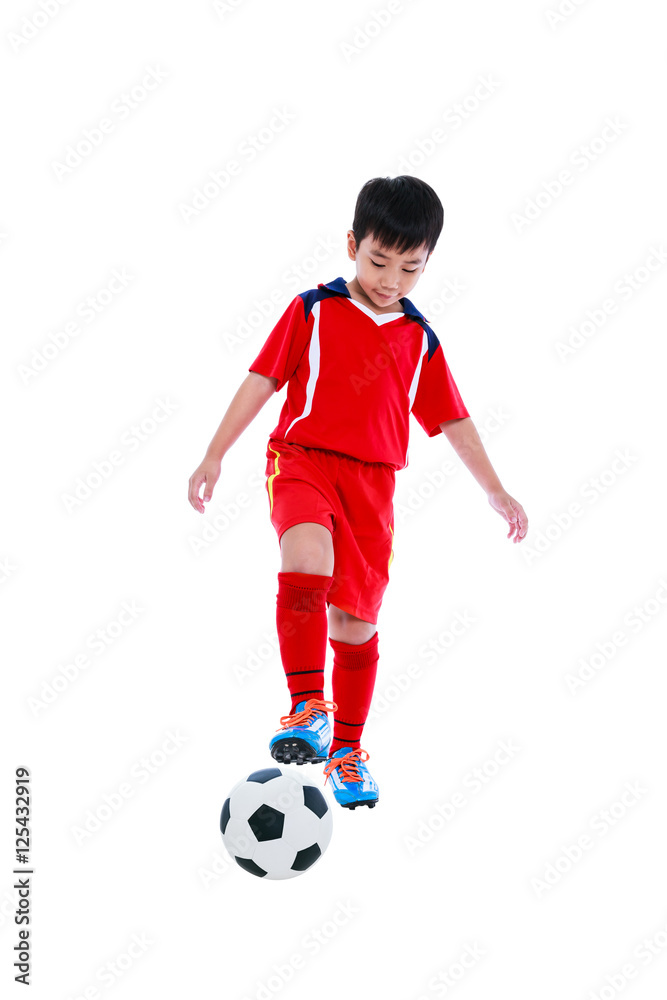 Young asian soccer player with soccer ball. Studio shot.