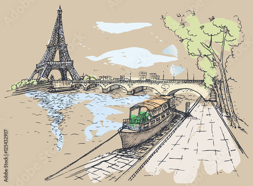Vector illustration of Eiffel Tower in Watercolor style, Waterco