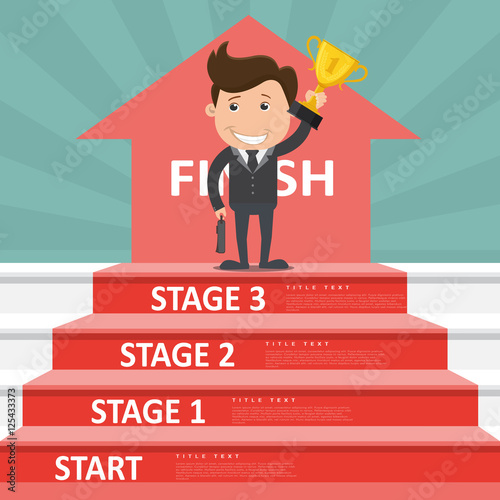 Businessman standing on  the Stage holding up winning trophy,Business concept cartoon.Vector illustration