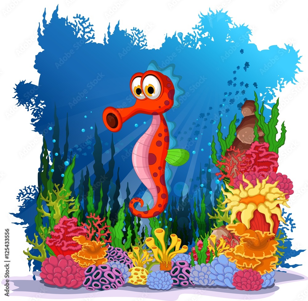 Obraz premium funny seahorse with sea life background
