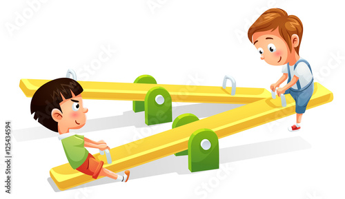 Kids play seesaw cartoon style
