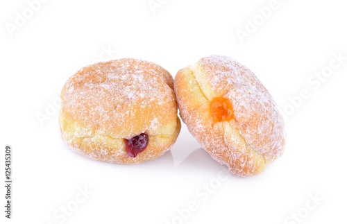 doughnut filled with blueberry and orange jam on white backgroun