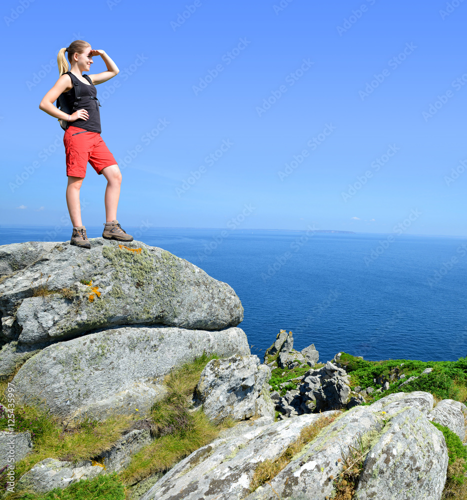 Hiker on the Atlantic coast, Pointe du Van in Brittany ,France