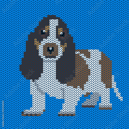 Vector knitted dog pattern. Basset on blue background. Illustration for sweater, pullover, slip-over, wooly, bag, satchel, carrier bag.
