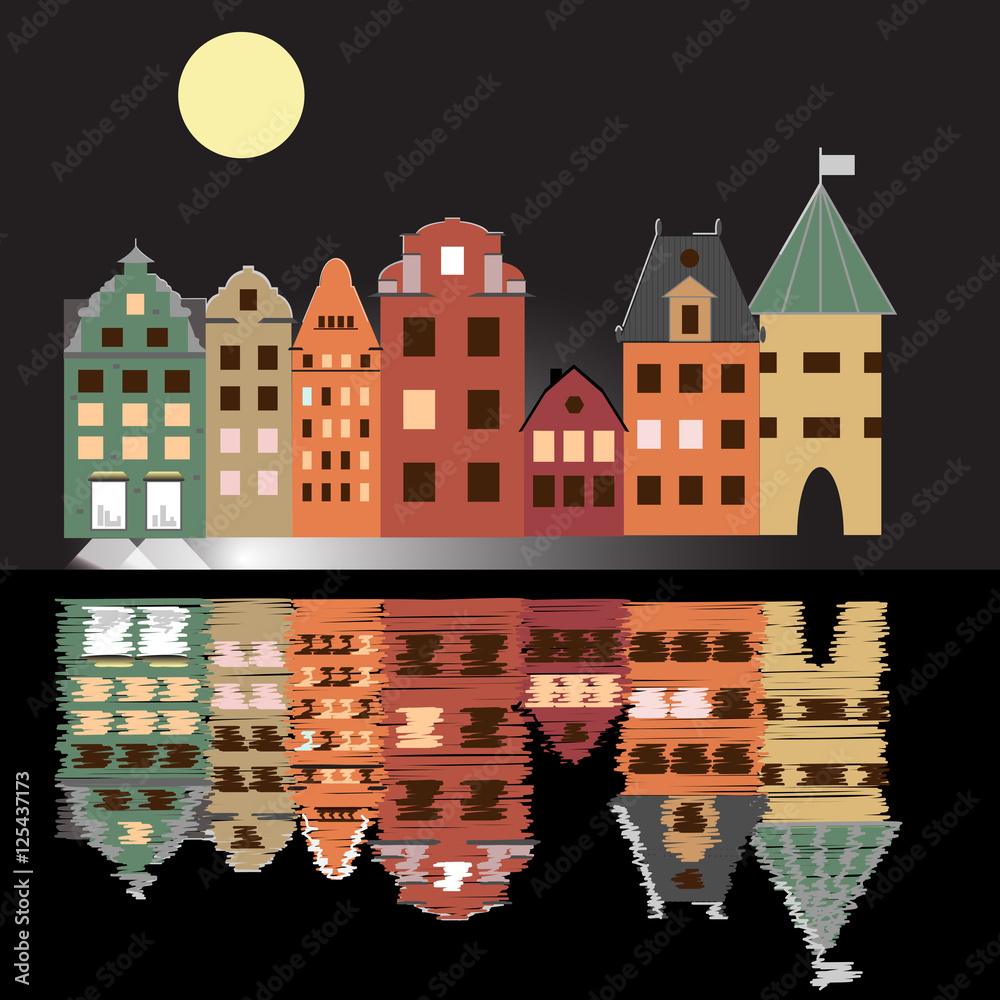 Night vector illustration poster with houses,  moon and reflection in water. Old buildings in city. A cartoon style quay with brownstone houses.

