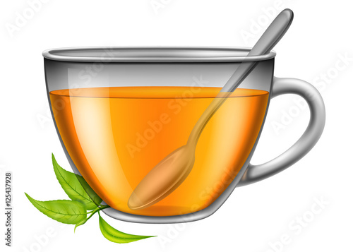 A cup of tea with tea leaves and a spoon. Vector illustration.