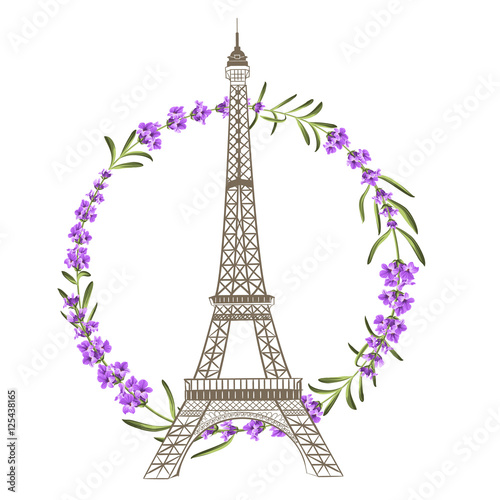 Eiffel tower with lavender flowers isolated over white background. The lavender wreath on elegant card. Eiffel tower symbol with spring blooming flowers for wedding invitation. Vector illustration.