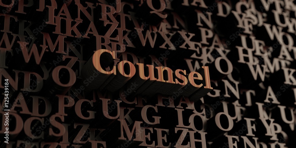 Counsel - Wooden 3D rendered letters/message.  Can be used for an online banner ad or a print postcard.