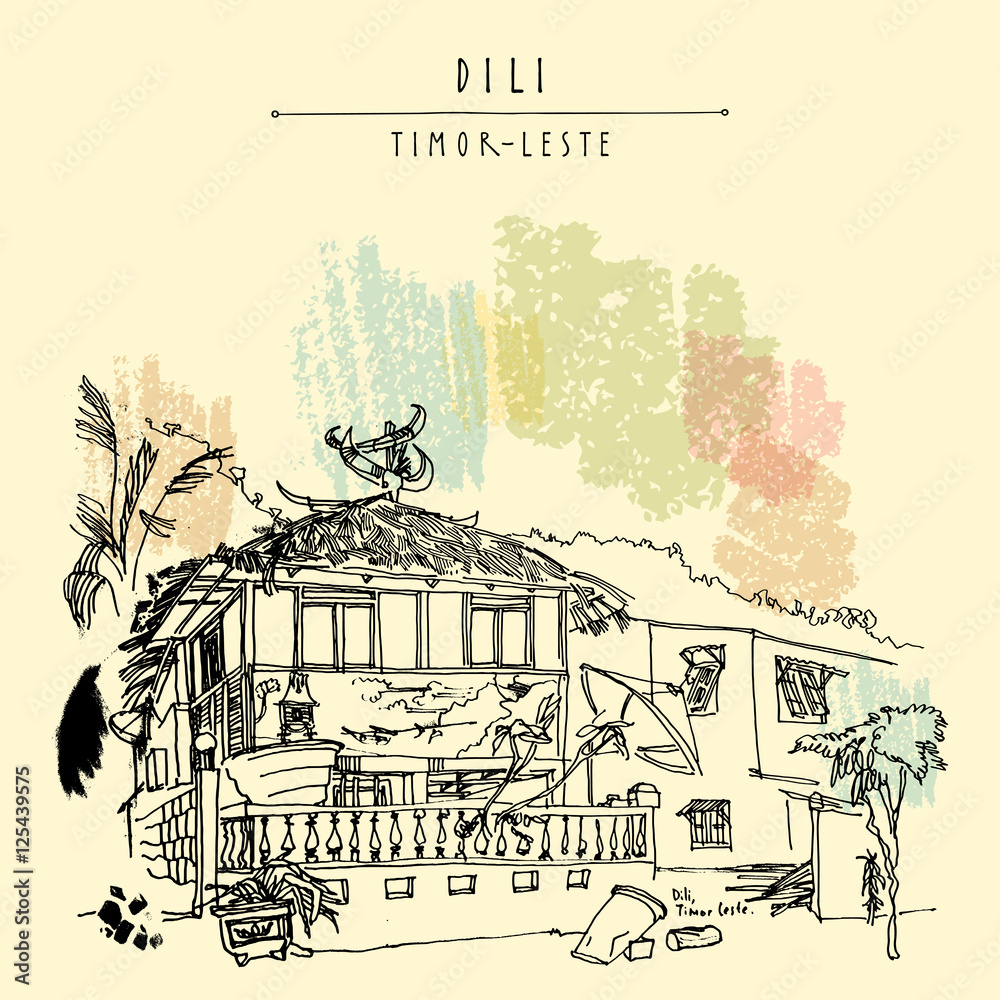 Traditional house in Dili, capital of Timor-Leste (East Timor), Southeast Asia. Travel sketch. Vintage hand drawn touristic postcard, poster, calendar or book illustration in vector