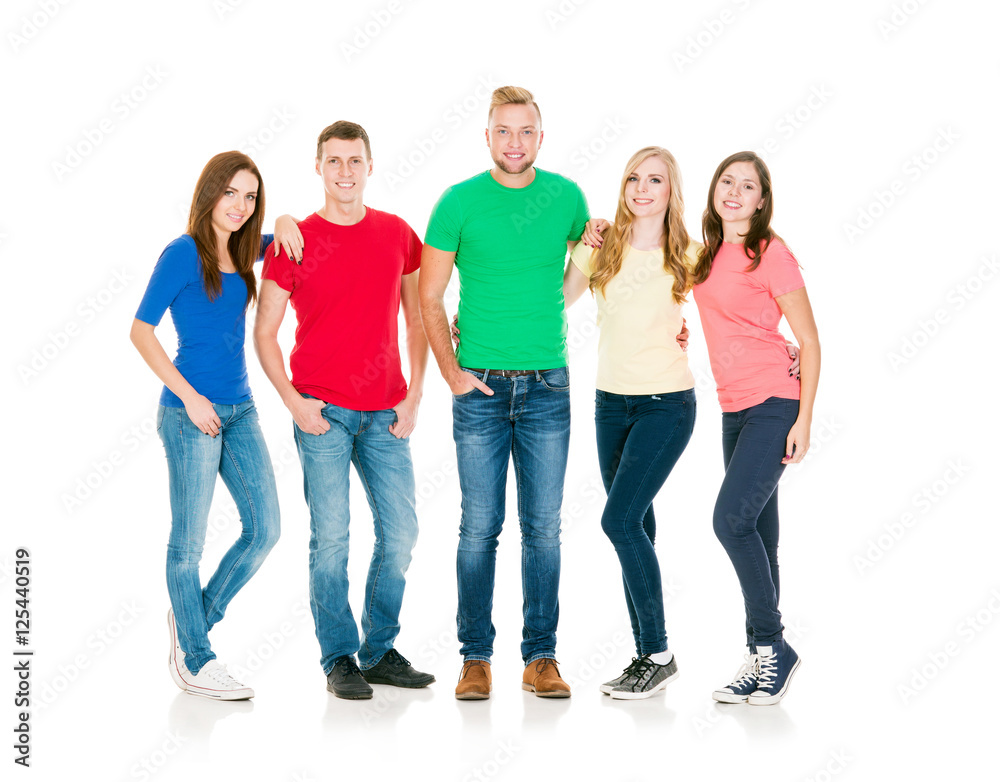 Group of smiling friends embracing together Group of smiling friends embracing together