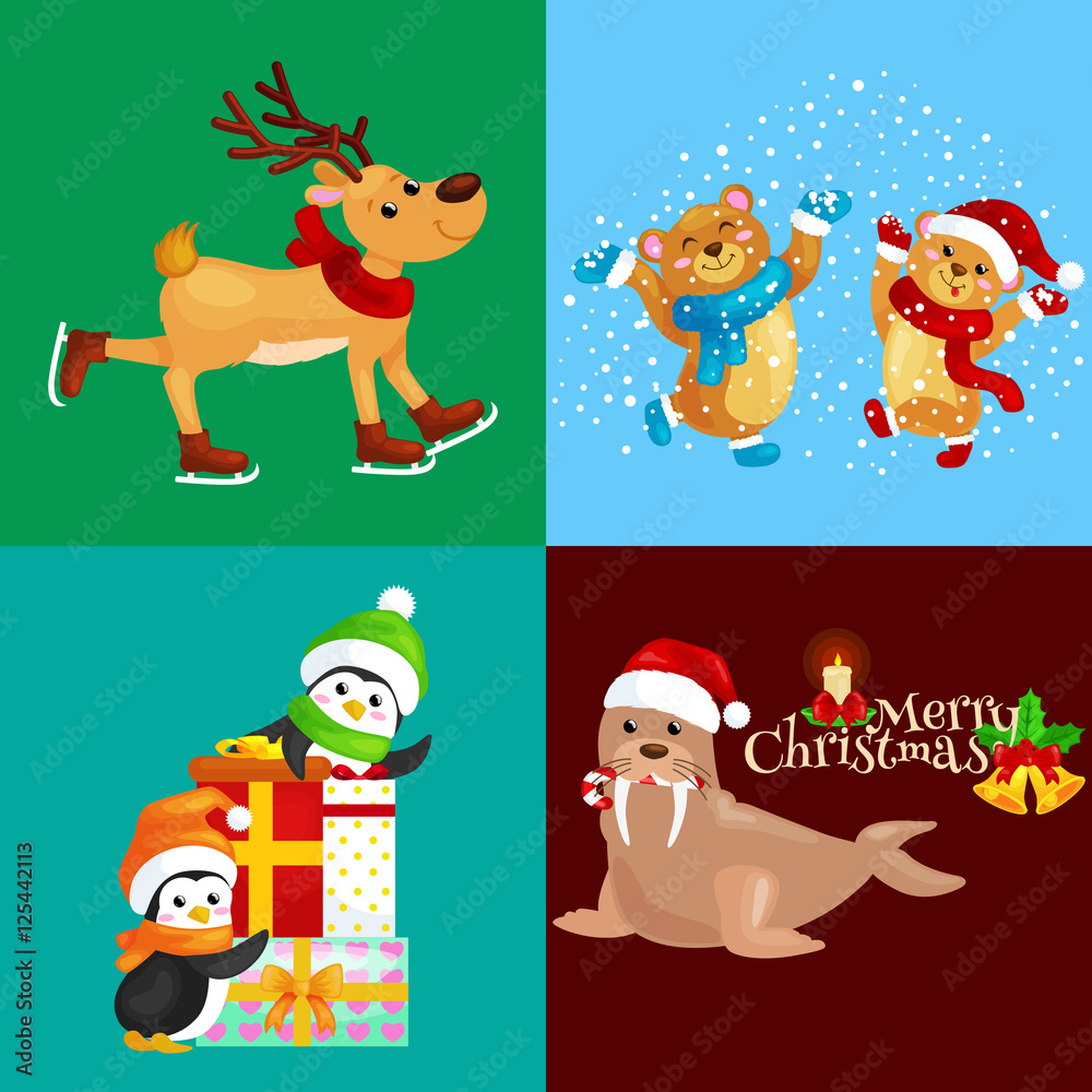 Illustration set animals winter holiday North Pole penguins with presents and bears under snow, deer skating, walrus in hat.Merry Christmas and Happy New Year
