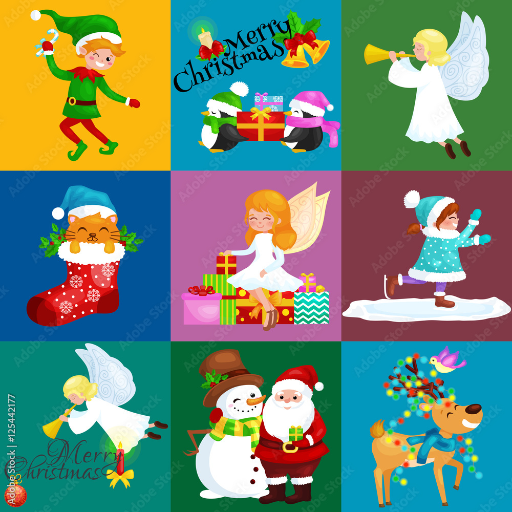 Fototapeta premium Santa Claus snowman hats, children enjoy winter holidays, elf with sweets and angel wings pipe gifts, Cat in sock, girl skating ice, penguins stack of presents, deer decorated his antlers with lights