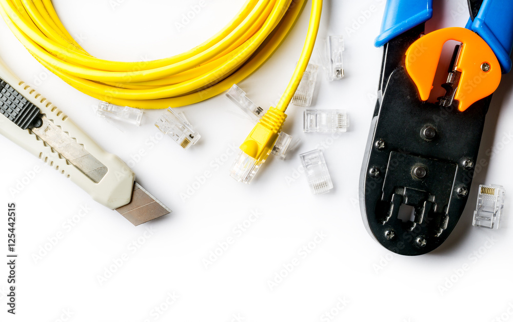 Cutter, crimper, yellow patch cord and connectors