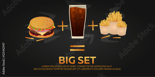 Lunch with french fries, burger and soda takeaway on isolated background. Big set. Fast food. Vector Illustration.